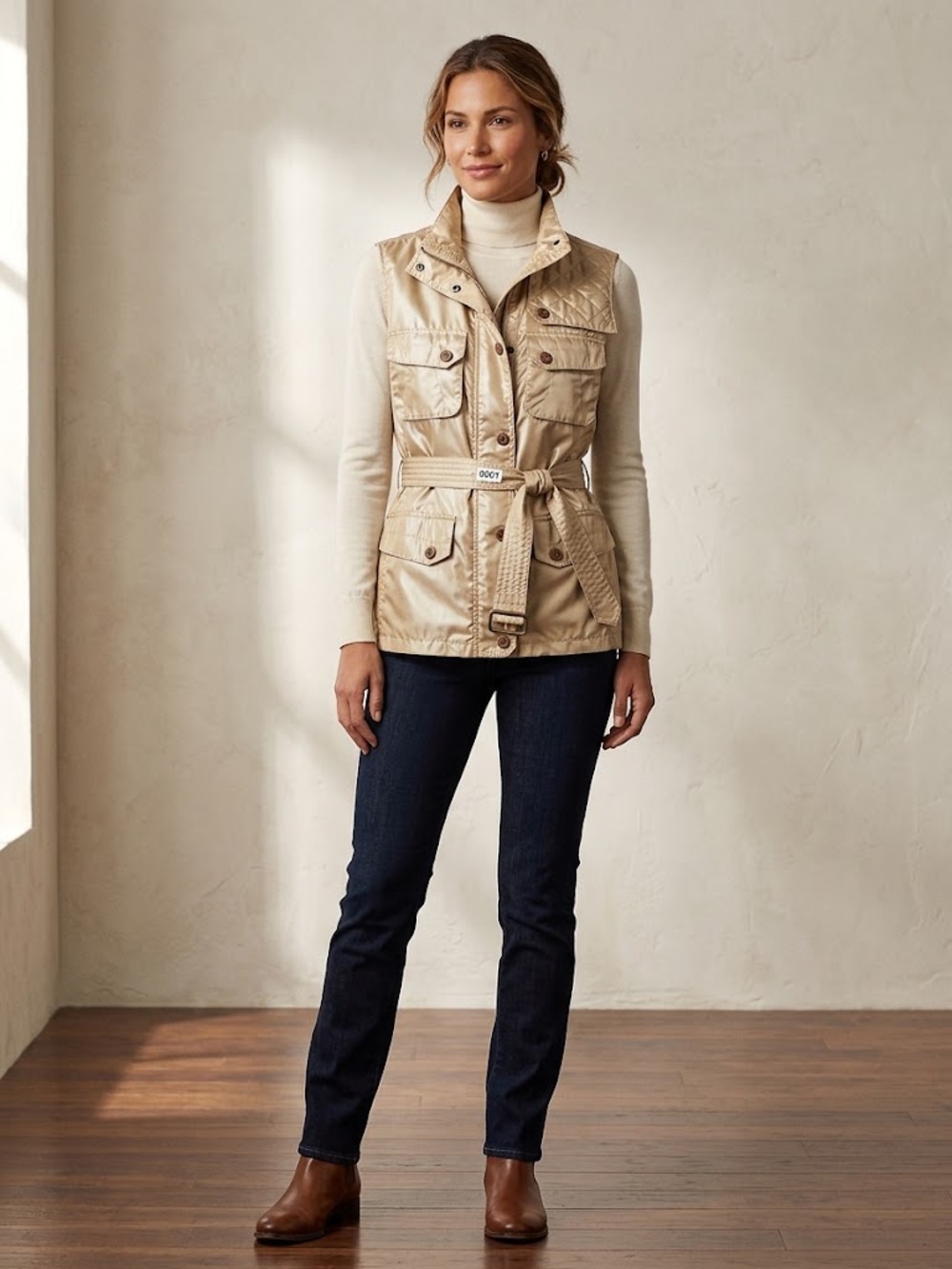 Lauren Ralph Lauren Gold Metallic Utility Safari Vest Womens XL Quilted Pockets